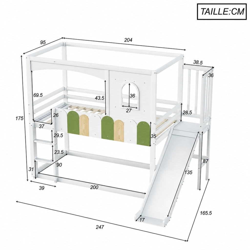 DESMIU Letto a castello bambino 90 × 200 cm con scivolo, scala di sicurezza e finestra, senza materasso, in legno, bianco
