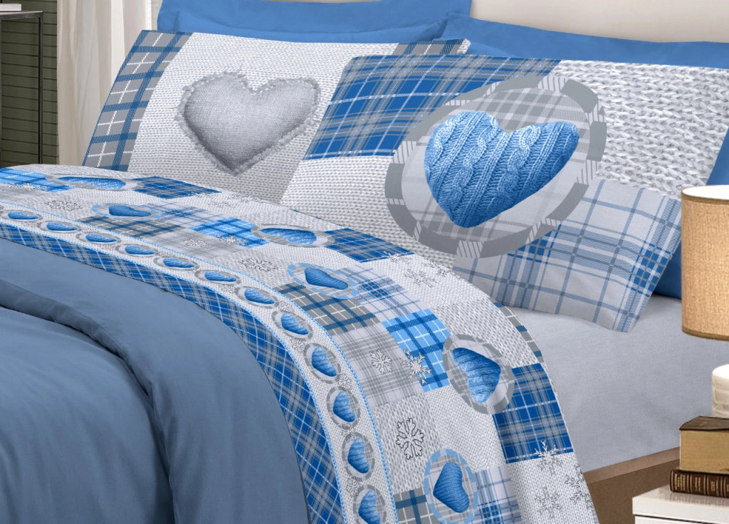 Completo Lenzuola Linea Pensieri Delicati 100% Cotone Disegno Love Mountain - Matrimoniale - Blu