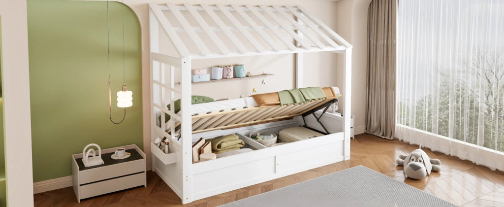 LETTO PER BAMBINI A CASETTA 90x200 cm Bianco in legno con vano contenitore