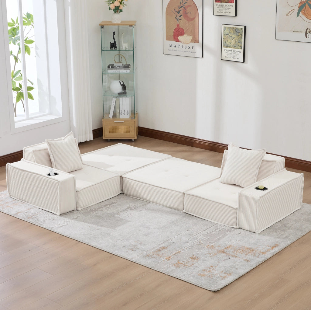 Divano pouf modulare beige in velluto a coste con 2 cuscini