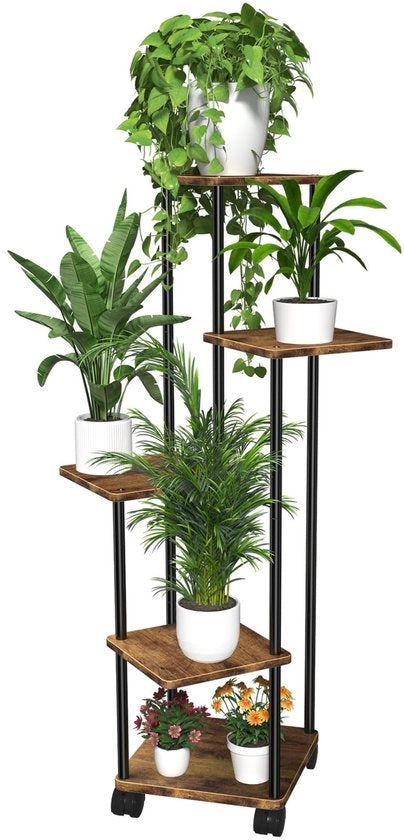 Scaffale a piante 5 livelli in legno con ruote rimovibili, piattaforma per piante multi livelli, piano per fiori, scala per fiori, piattaforma per piante, banco per fiori per interni e esterni, decorazione per balcone