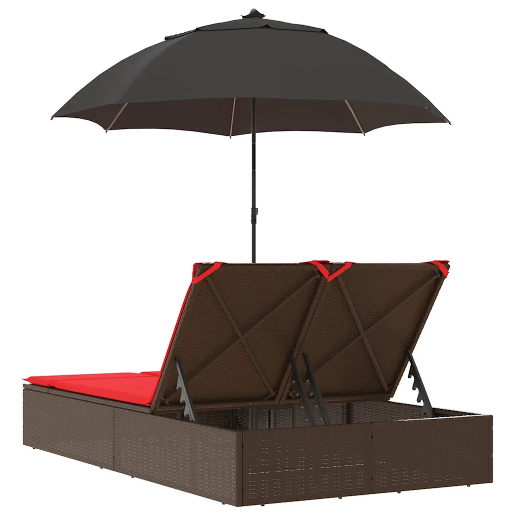 Lettino Prendisole Doppio Cuscini e Parasole Marrone Polyrattan