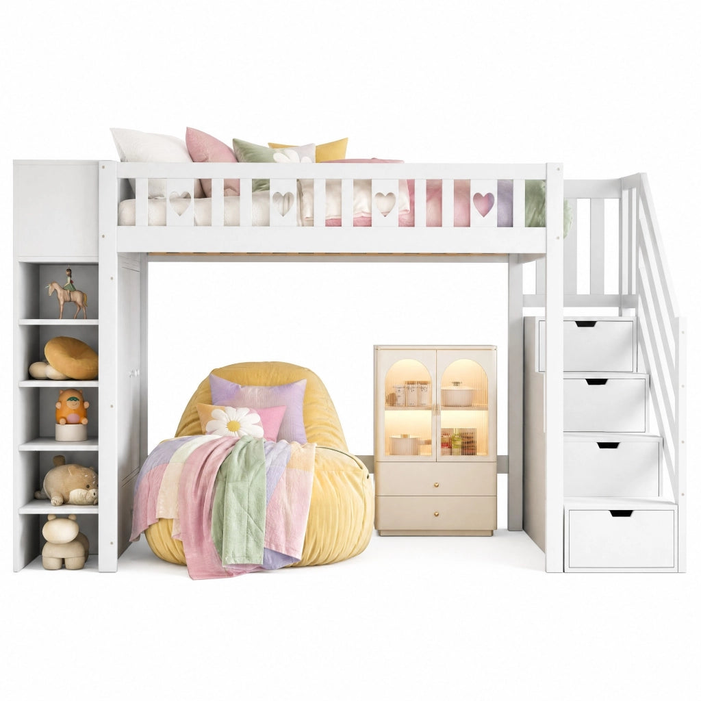 LETTO a soppalco 90x200 cm Bianco in pino e MDF con scala contenitore