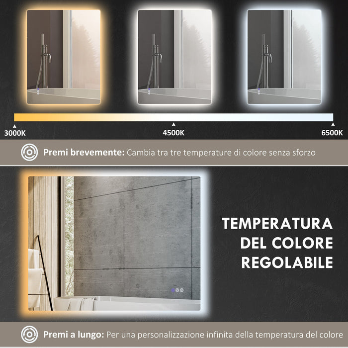 Specchio da Bagno Antiappannamento Retroilluminato LED Luminosità Regolabile 80x60x4 cm