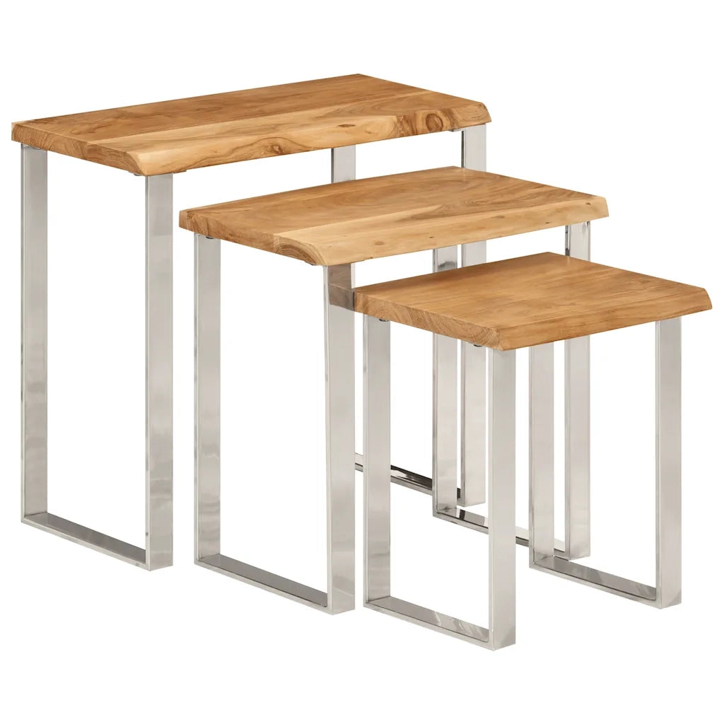 Tavolini a Incastro 3 pz Bordi Vivi in Legno Massello di Acacia 372761
