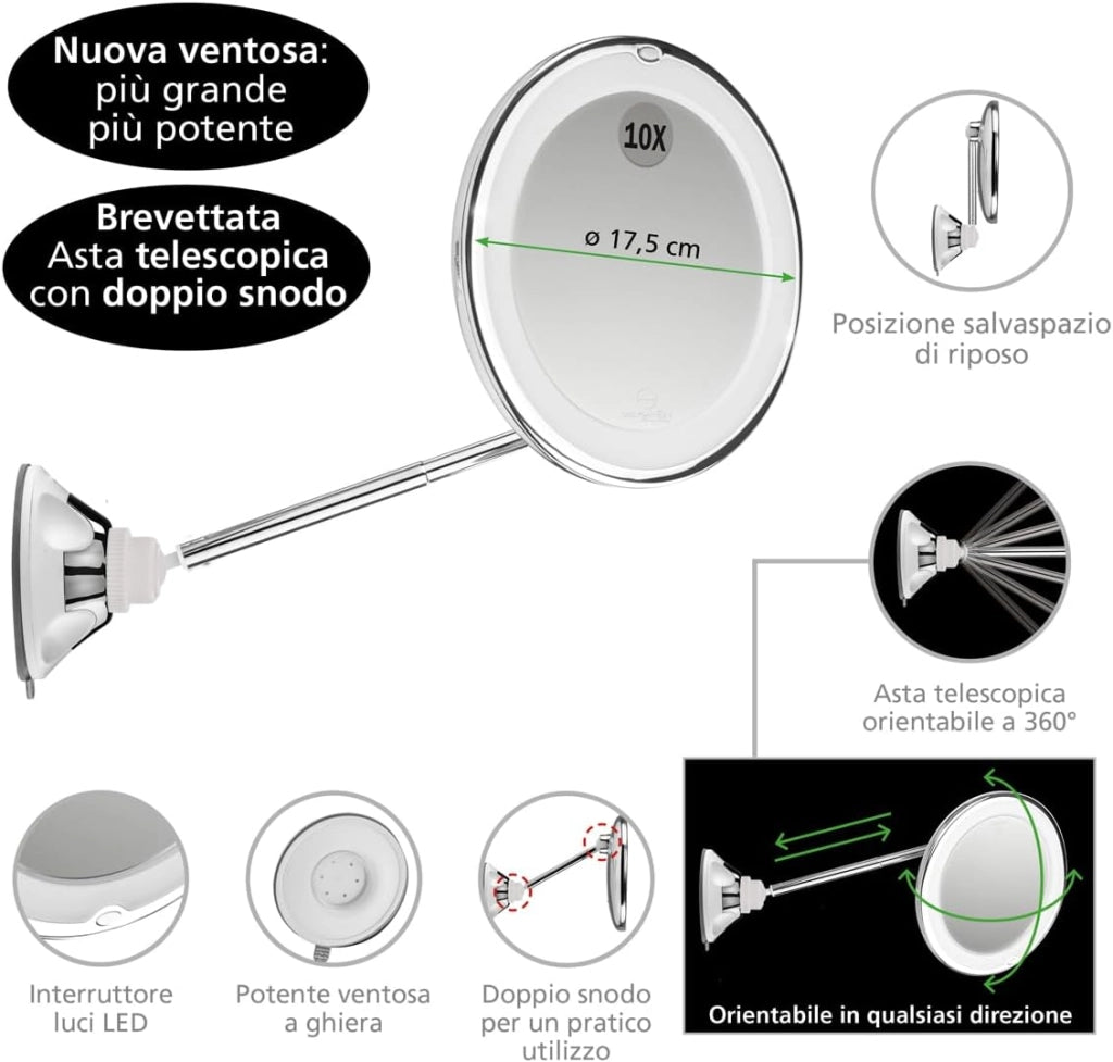 Macom, specchio cosmetico con asta telescopica brevettata, doppio snodo, ingrandimento 10x, 18 luci led e ventosa a ghiera orientabile a 360°, salvaspazio, sensation 229 new perfect mirror