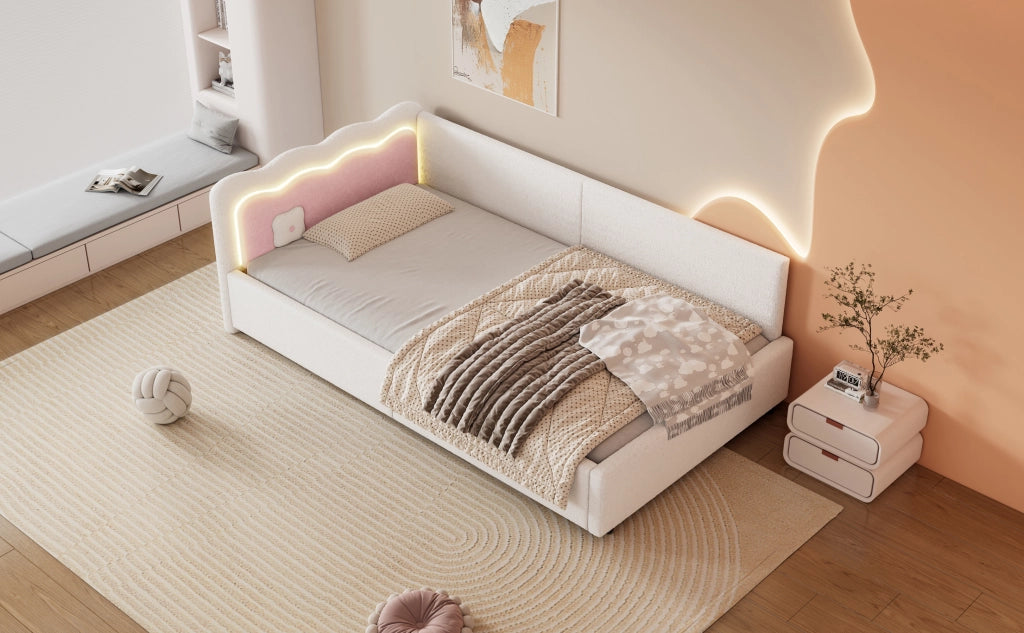 DESMIU Letto a giorno 90 × 200 cm 1 posto con LED regolabile, senza materasso, in velluto e MDF, bianco