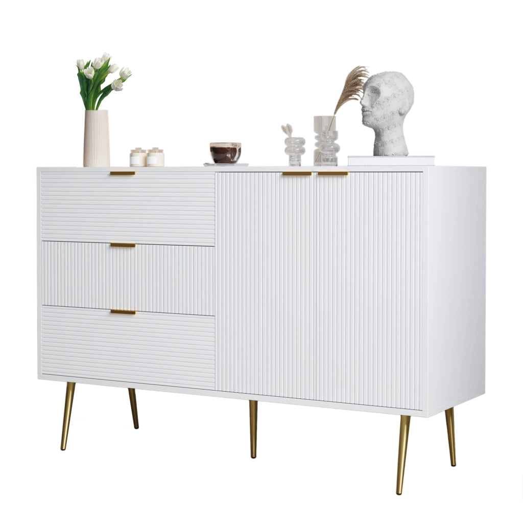 credenza 120 cm bianca e dorata - 3 cassetti, 2 ante, contenitore