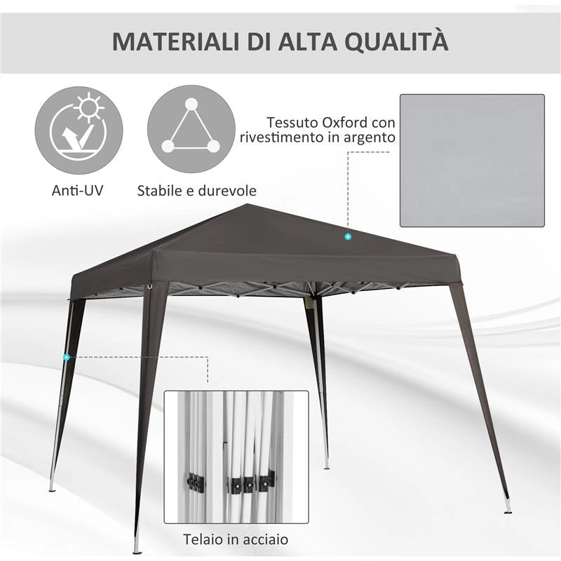GAZEBO PIEGHEVOLE DA GIARDINO 2.4X2.4M CON STRUTTURA IN ACCIAIO E CORDE ANTIVENTO, CAFFÈ