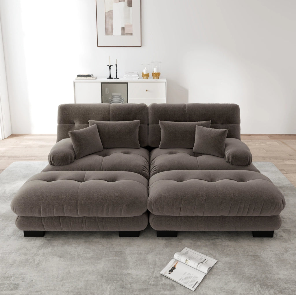 Divano modulare in ciniglia marrone con 2 pouf e cuscini HOMVRA
