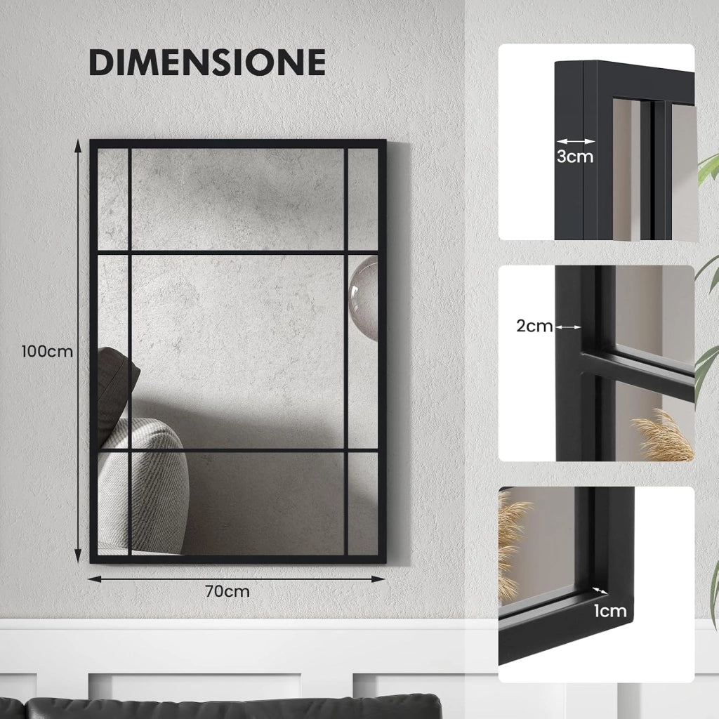Specchio da Parete, Specchio Rettangolare Decorativo con Cornice in Metallo Antiruggine, Design Infrangibile, per Soggiorno, Caminetto, Orizzontale/Verticale, 100 x 70 cm