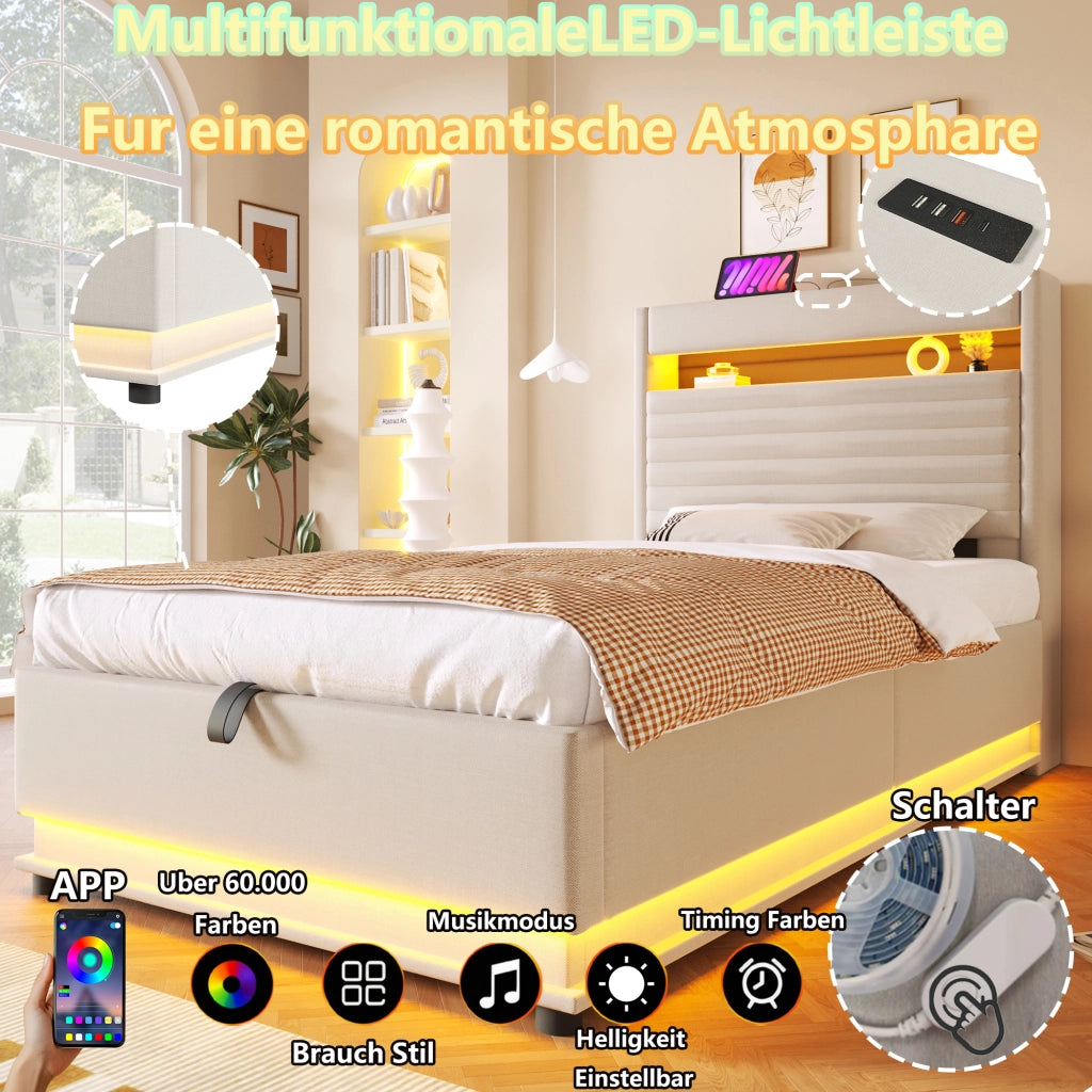 DESMIU Letto contenitore 90 × 200 cm 1 posto con USB, Tipo C, LED regolabile e vano idraulico, senza materasso