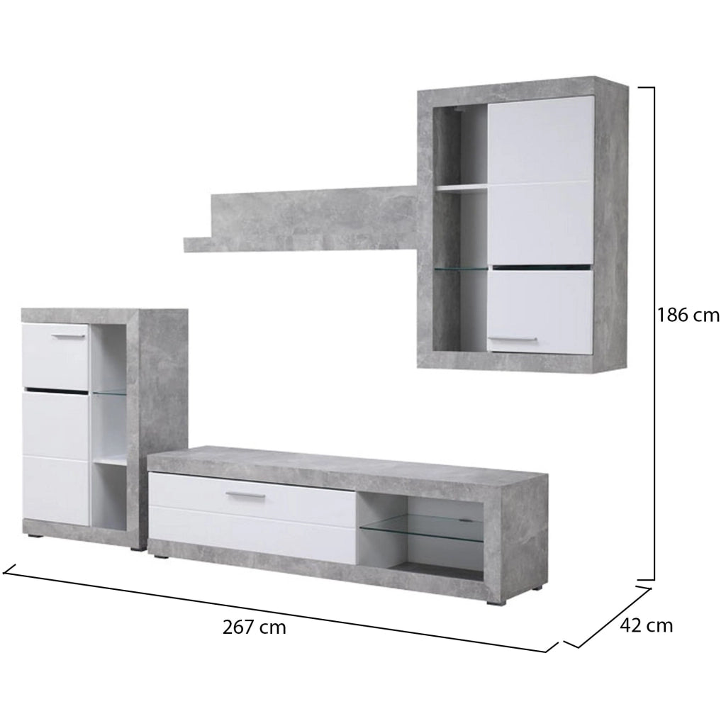 Mobile Soggiorno Dongo, Parete Attrezzata 10 Ripiani, 266.5x41.5x186h cm Bianco