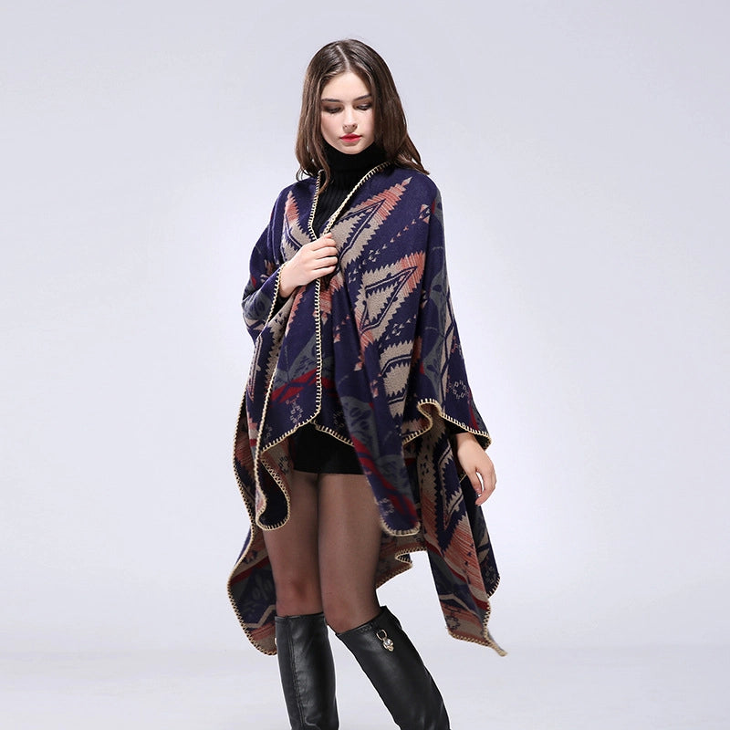 Sciarpa/mantella extra lunga e spessa in cashmere con motivo geometrico a rombi, elegante e con spacchi