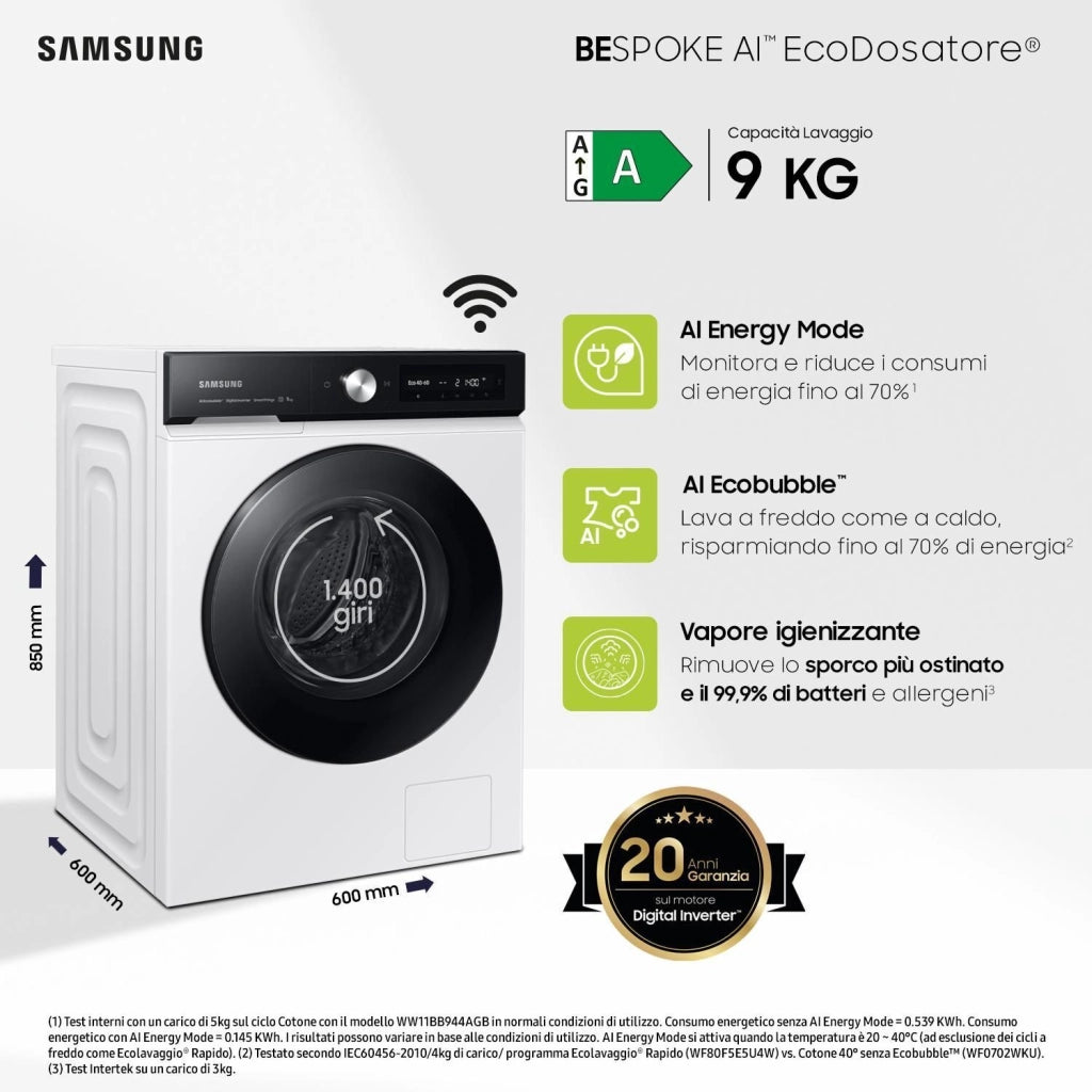 SAMSUNG BeSPOKE AI WW90DB7U94GEU3 Lavatrice a carica frontale 9 Kg Classe A Ecodosatore AI Lavaggio e Control Profondita' 60 bianco
