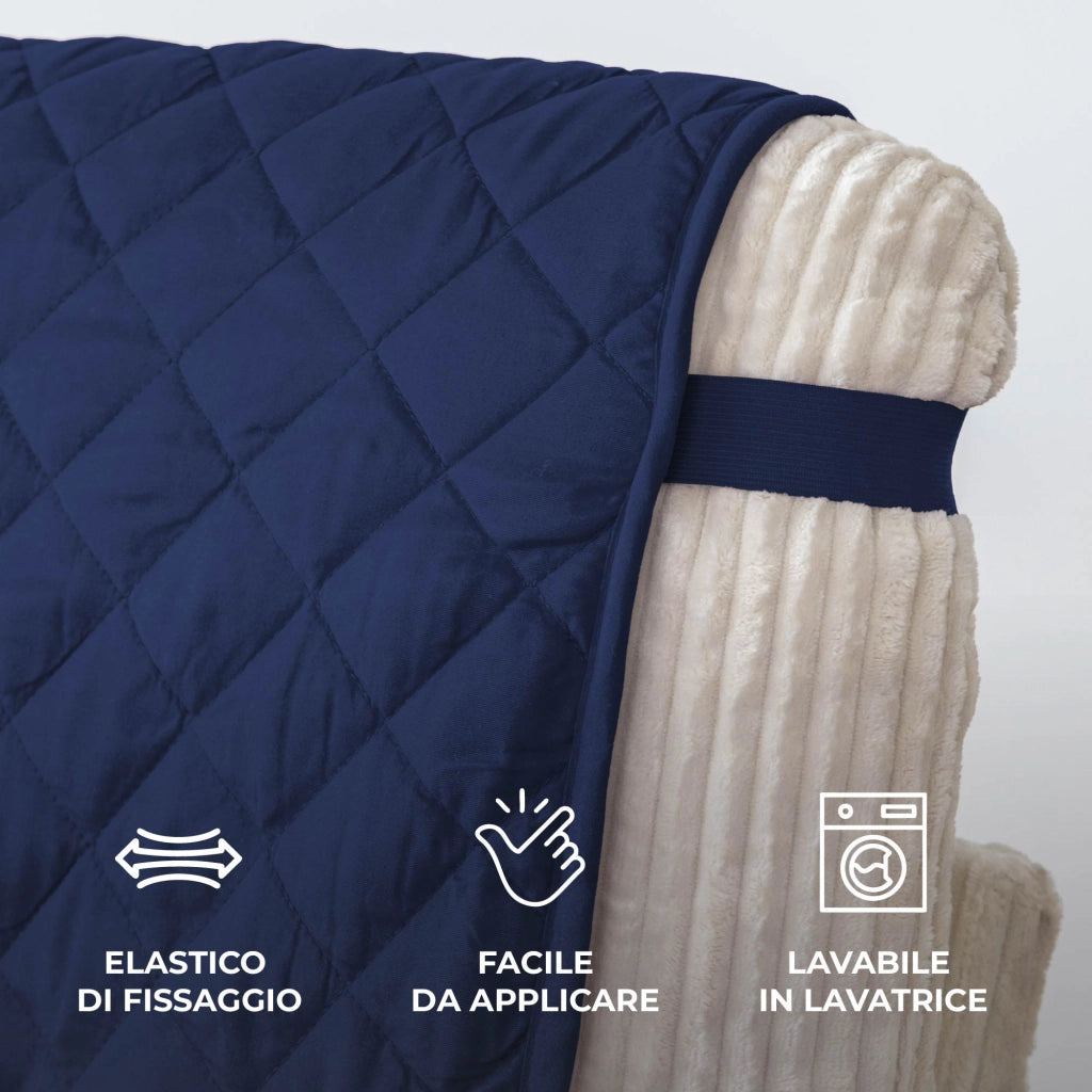 Copridivano Con Braccioli Antimacchia Trapuntato Protettore Impermeabile Salvadivano Idrorepellente Imbottito Con Elastico Antiscivolo Blu - Divano 2 posti