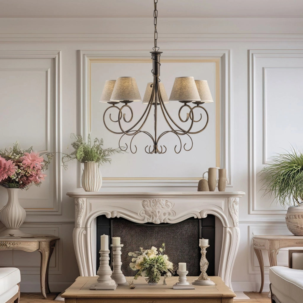 Lampadario in ferro laccato marrone con decorazione oro antico e paralumi diametro 13 in pvc effetto tessuto juta 5 luci