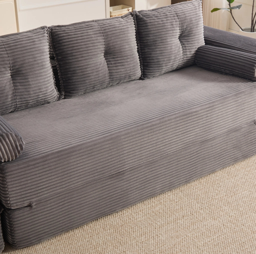Divano Letto in Velluto a Coste per 3 Persone con Schiuma ad Alta Densità e Molle, Cuscini Memory e Porta Bevande, 232x98x80 cm