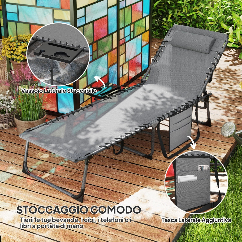 Sdraio da Giardino Pieghevole 60x190x31 cm Reclinabile a 5 Livelli con Tavolino Laterale e Tasca Grigio e Nero