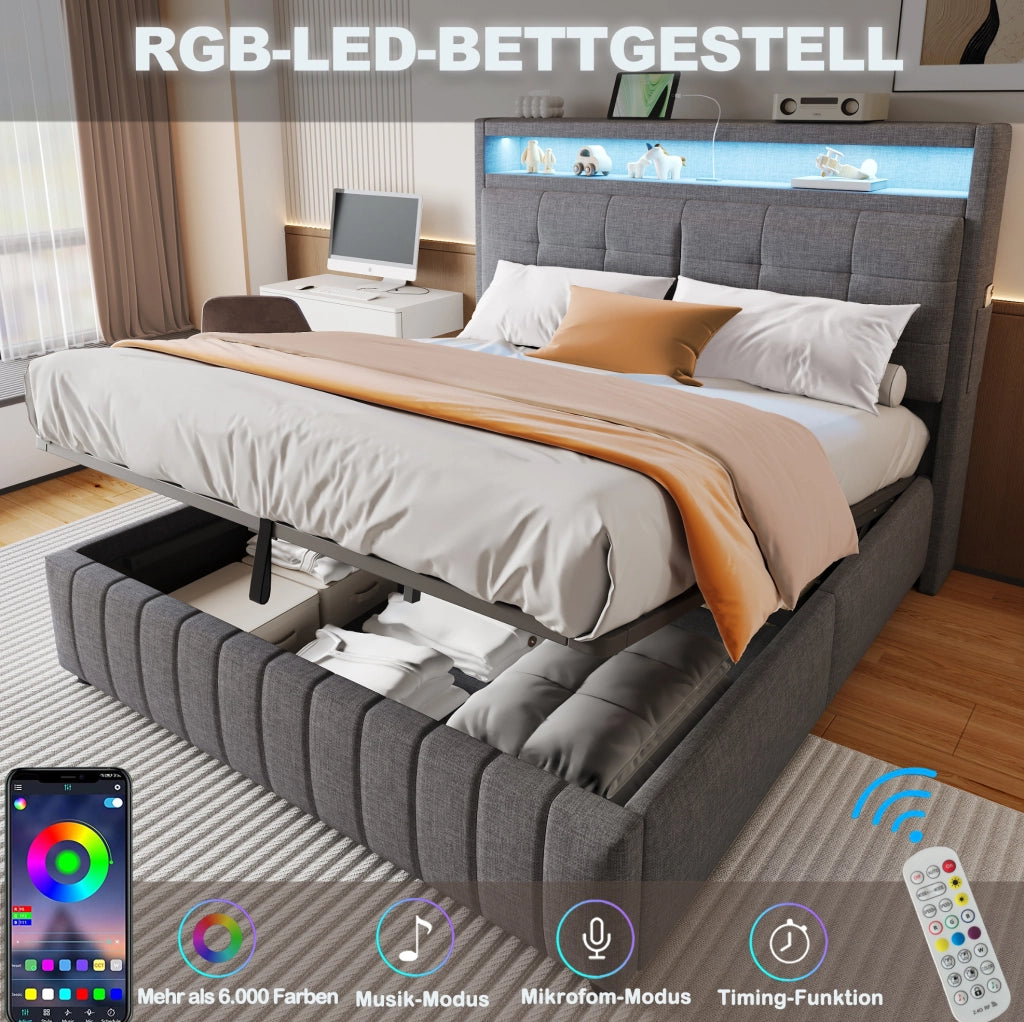 LETTO Imbottito 160x200 cm Grigio in lino con LED, USB e contenitore