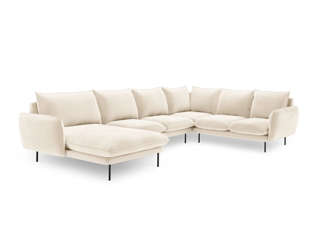 Cosmopolitan Design - Divano panoramico destro "Vienna" 7 posti in velluto beige chiaro 