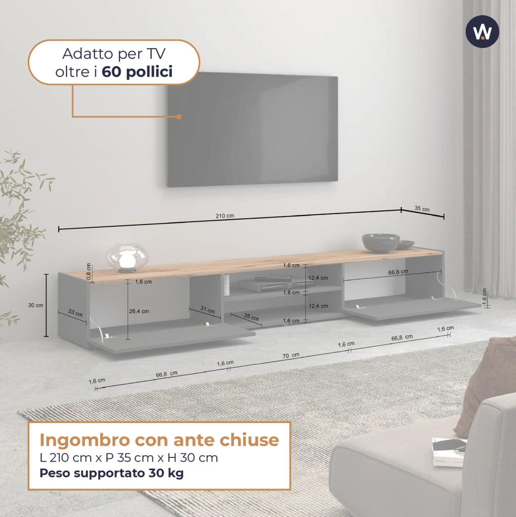 WHOUS Mobile porta tv Garda 2 ante e 1 ripiano centrale antracite opaco e rovere 210x35x30 cm