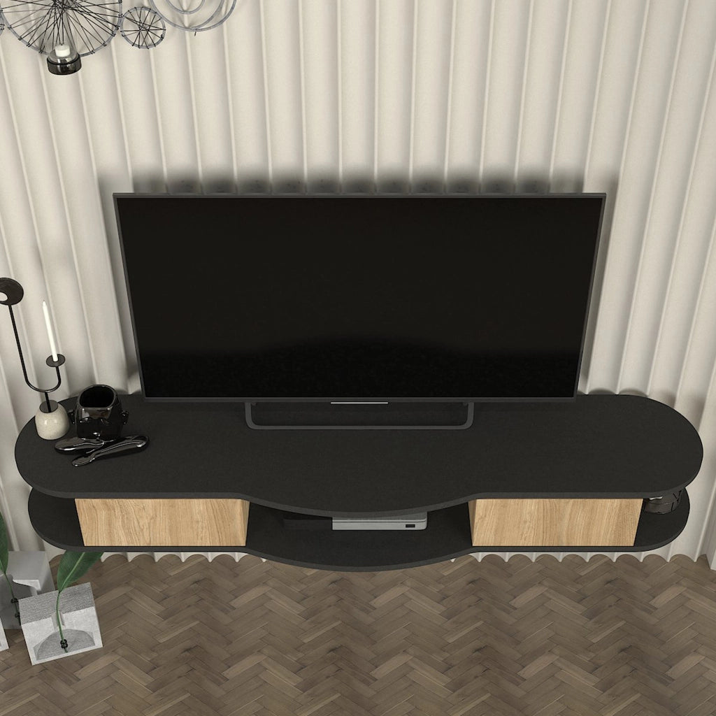 Mobile Porta TV Nyskiri da Parete con Ante a Ribalta 150x35x19 cm - Antracite/Effetto Rovere [en.casa]