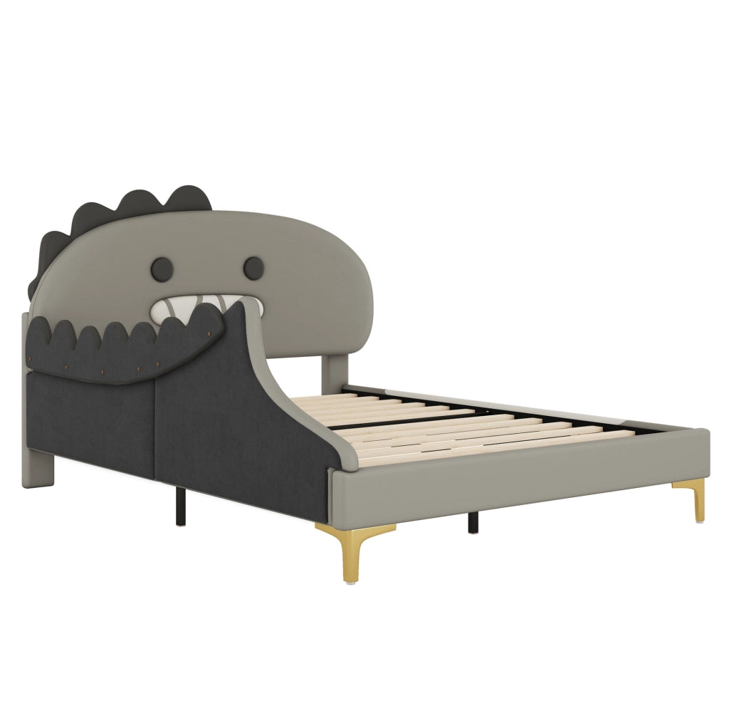 Letto per bambini 140x200 cm; design dinosauro; PU e MDF; grigio