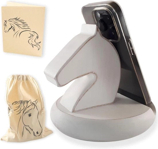 Sostegno in legno per tablet e telefono - Sostegno per tavolo con design cavallo - Sacchetto in cotone e biglietto di auguri - Alta compatibilità
