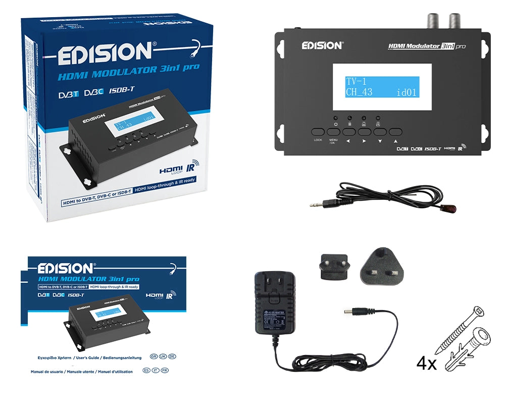 Modulatore HDMI a Terrestre DVB-T ISDB-T o Cavo DVB-C  Distribuzione Full HD su Cavo Coassiale, HDMI-Loop, RF IN, Display LCD  Installazione Rapida, Plug & Play