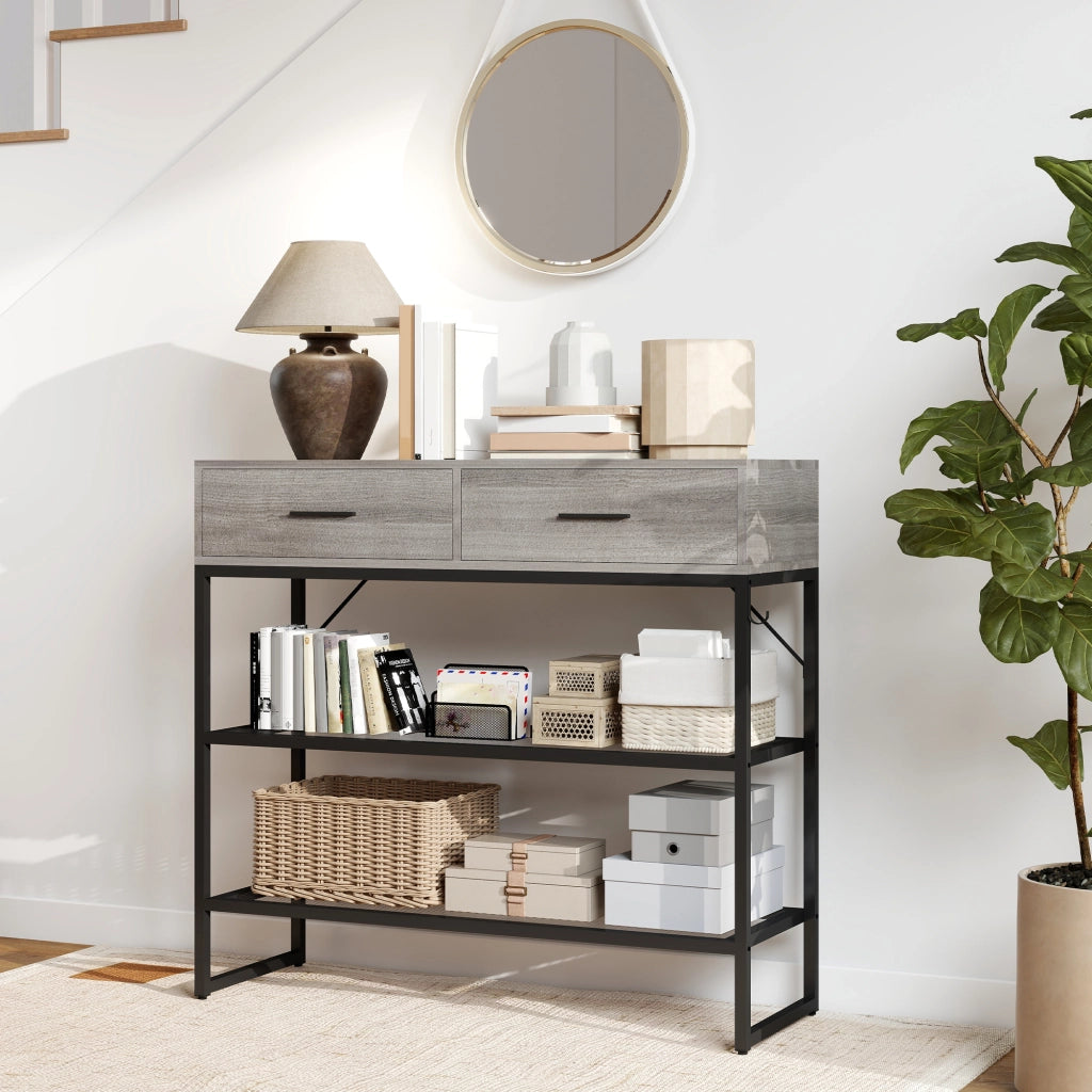 Consolle da Ingresso con 2 Cassetti, 2 Ripiani e Gancio Laterale, in Legno e Metallo, 100x35x92 cm, Nero e Legno