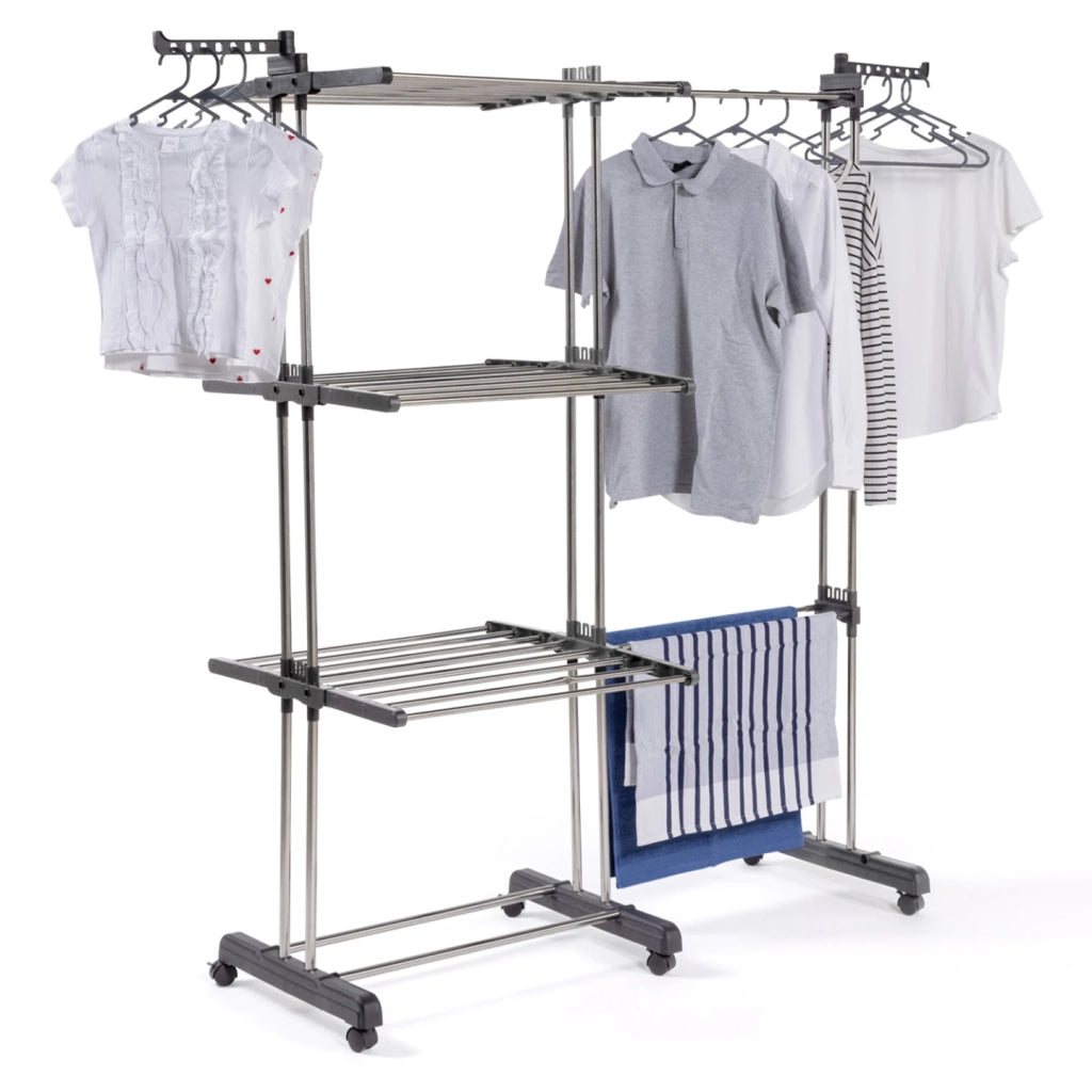 IDMarket - Asciugabiancheria verticale a 3 stadi pieghevole ed estensibile GIGA 27M con appendini e mollette in acciaio inox e grigio