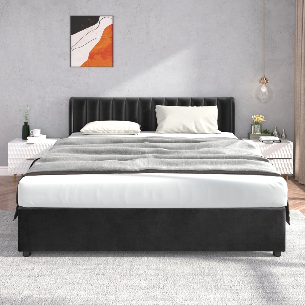 Letto imbottito 180 x 200 cm in velluto nero con doghe e 2 cassetti