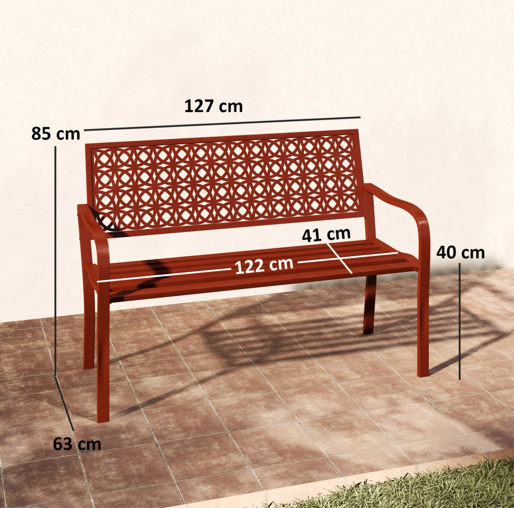 Panchina da giardino a 2 posti in acciaio rosso 127 x 63 x 85 cm; con braccioli e schienale decorato