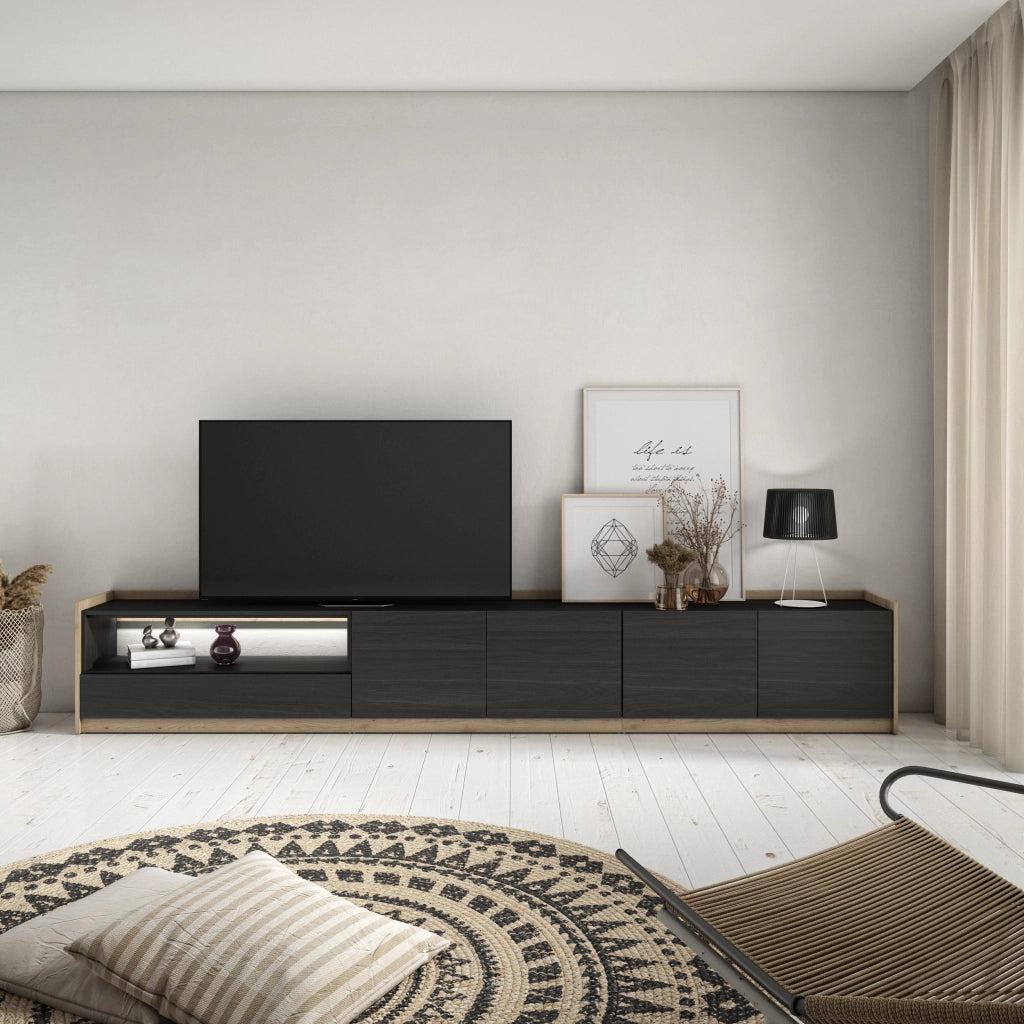 Mobile TV Soggiorno, 310x50x37 cm, Per TV fino a 80", LED, Nero e rovere
