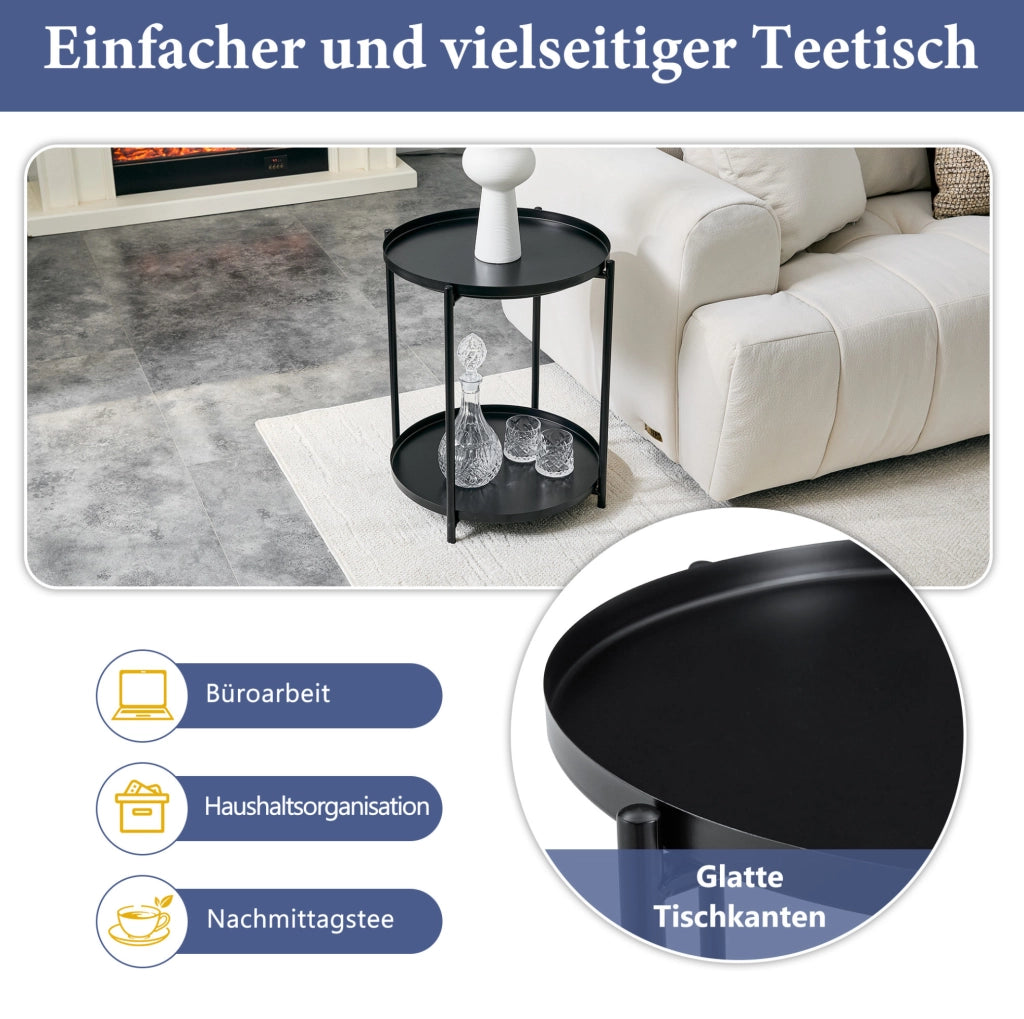 Tavolino rotondo a 2 livelli con ripiano; ?42 x 52 cm; MDF e metallo; nero