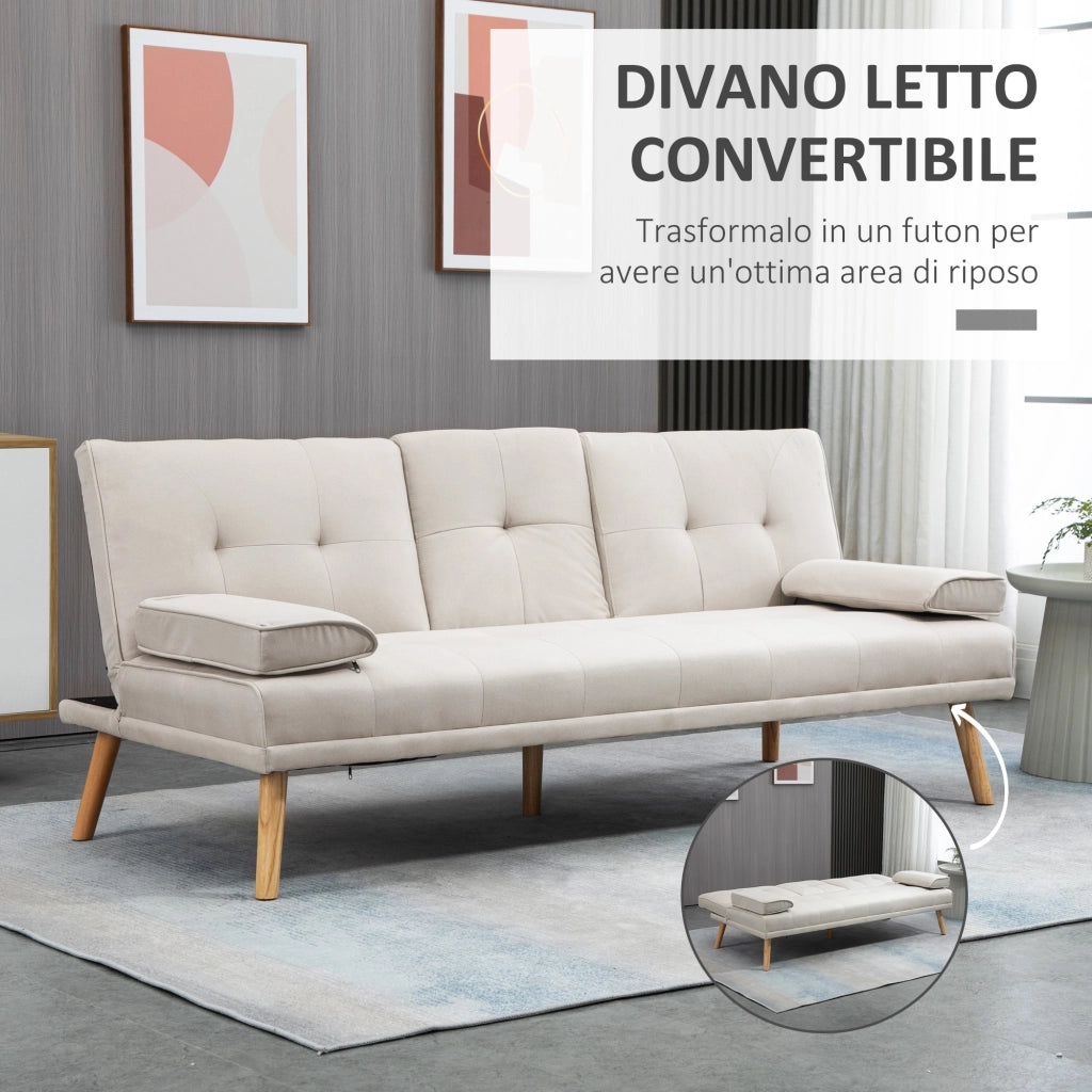 EasyComfort Divano Letto 3 Posti Reclinabile con Rivestimento Effetto Lino e Tavolino a Ribalta, Beige
