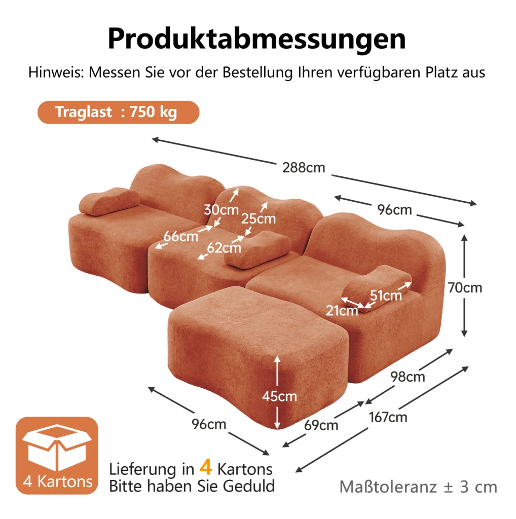 Divano modulare angolare 3 posti con pouf 288x167x70 cm in velluto arancione
