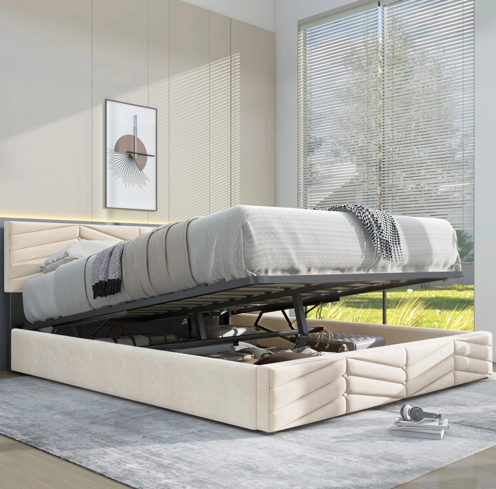 Letto imbottito 140x200 cm in velluto beige con rete a doghe