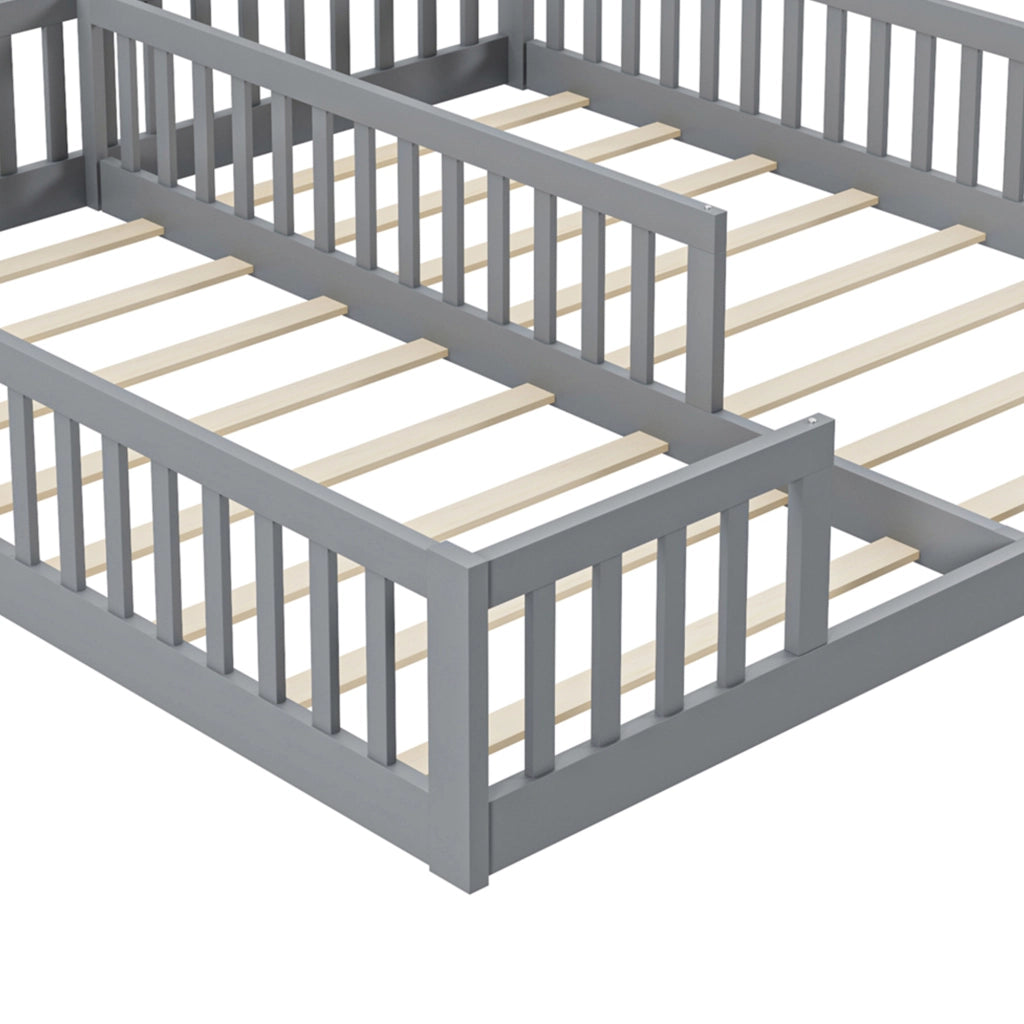 OKWISH Letto Bambino 90×200 cm, Letto Singolo a Terra con 2 Posti Letto, Sponde di Sicurezza, con Doghe e senza Materasso, Grigio