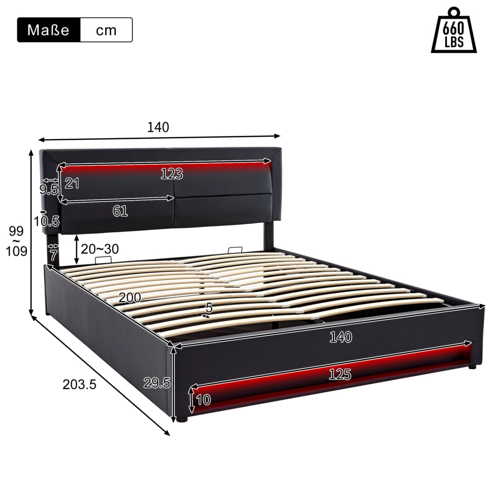 Letto imbottito 140x200 cm in PU nero con USB; illuminazione LED e contenitore