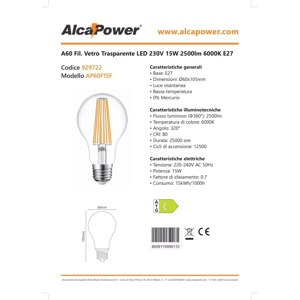 Alca power a60 15w 220v 2500lm 6000k e27 lampada classica a filamento a led