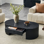 Tavolino basso ovale con cassetto e vano aperto, rivestimento a scanalature, per soggiorno, nero 118 × 65 × 17 cm