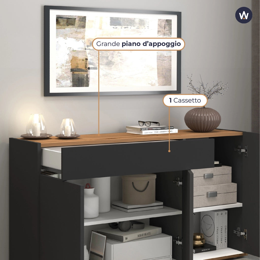 WHOUS Credenza Garda 3 ante e 1 cassetto antracite opaco e rovere 120,1x35x70 cm