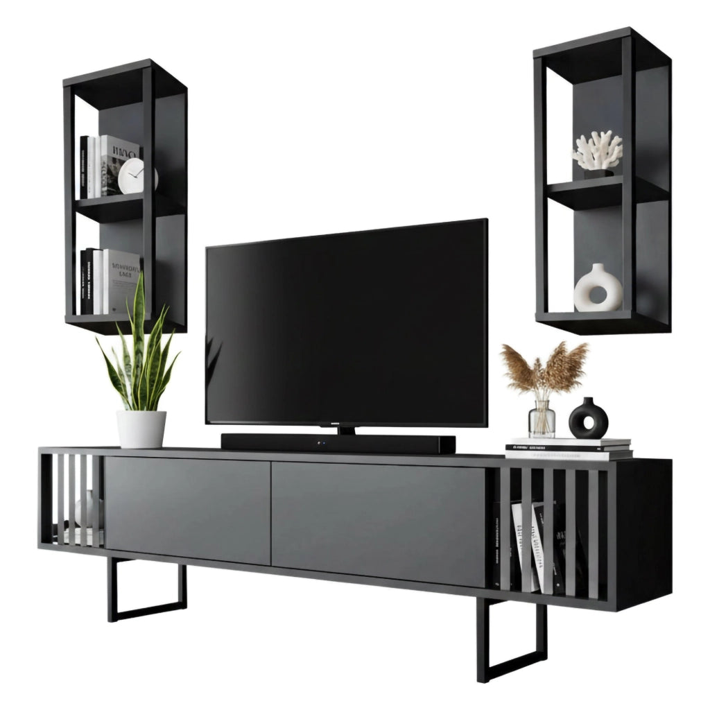 Mobile porta TV Iva, Credenza da soggiorno, Armadio basso per TV, Base parete attrezzata, 180x30h48 cm, Antracite e Nero