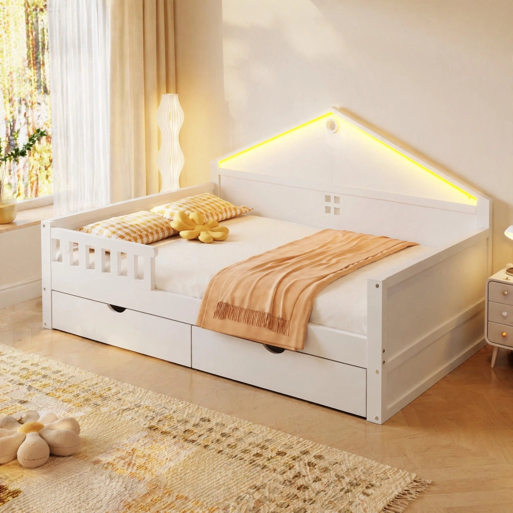 Letto singolo multifunzione 140x200 cm con LED e 2 cassetti; bianco; legno massiccio e MDF