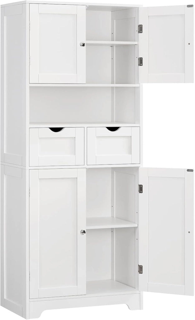 Mobile alto da bagno con 2 ripiani aperti, 2 cassetto, credenza multiuso, 60 x 30 x 147 cm, bianco