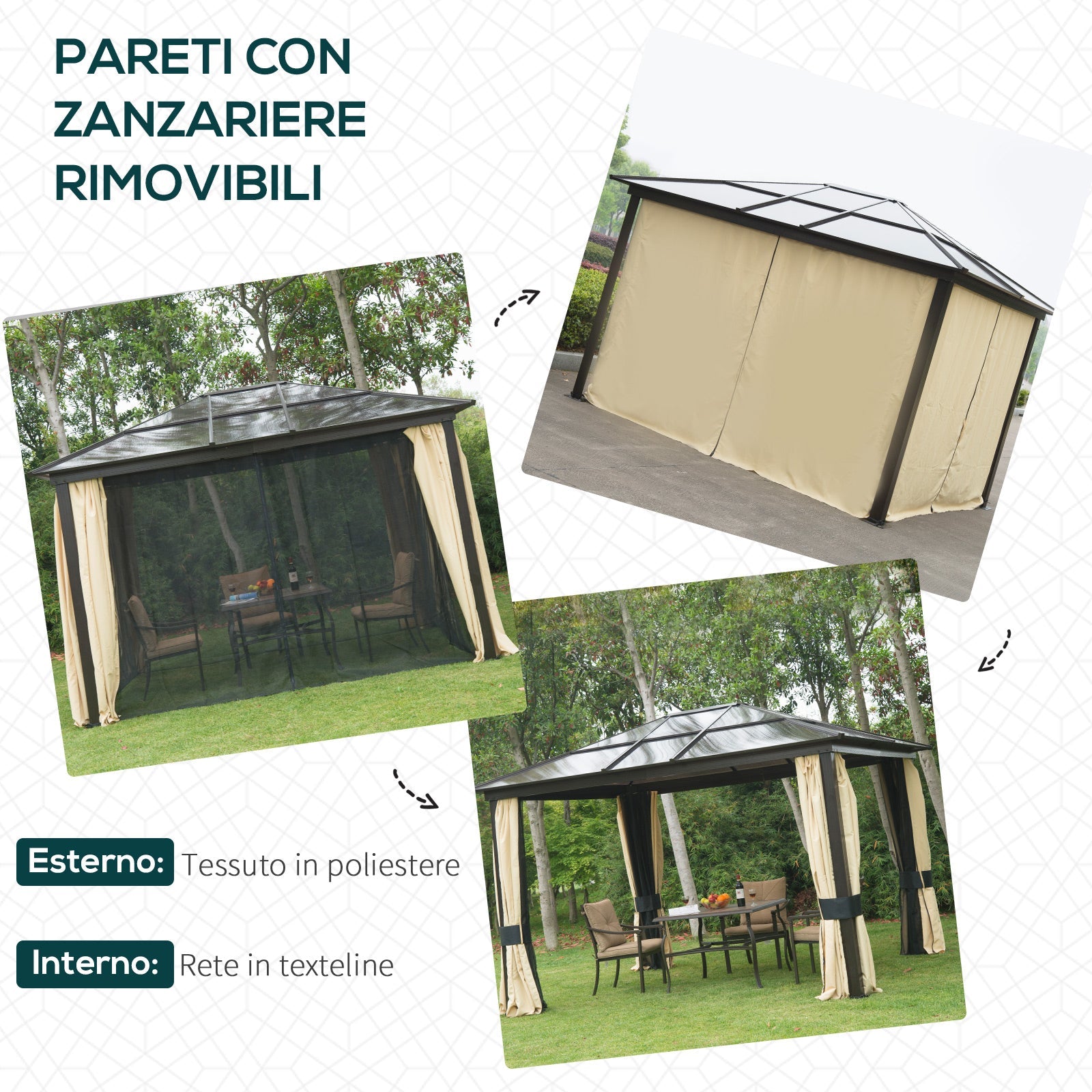 Gazebo da Giardino 3x3.6x2.65m in Alluminio e Policarbonato Tendone Lusso
