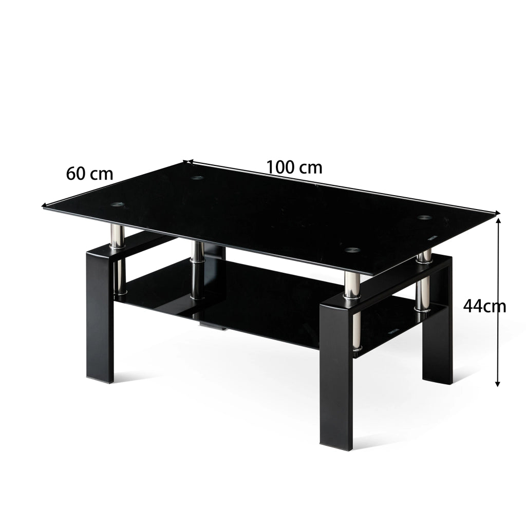 Tavolino da caffè con 2 ripiani - per soggiorno - in vetro e metallo - 100x60x44 cm - nero