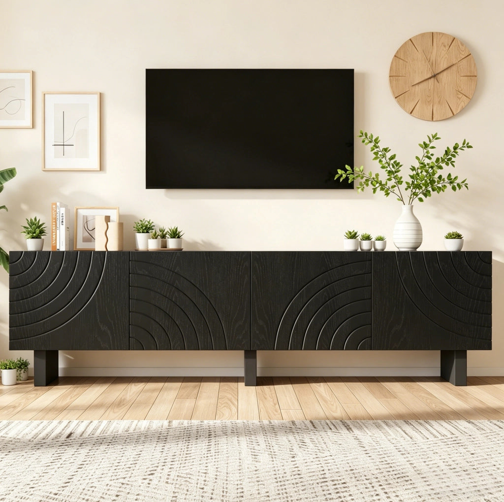 Mobile TV nero con 4 ante strutturate, 180 × 40 × 55 cm